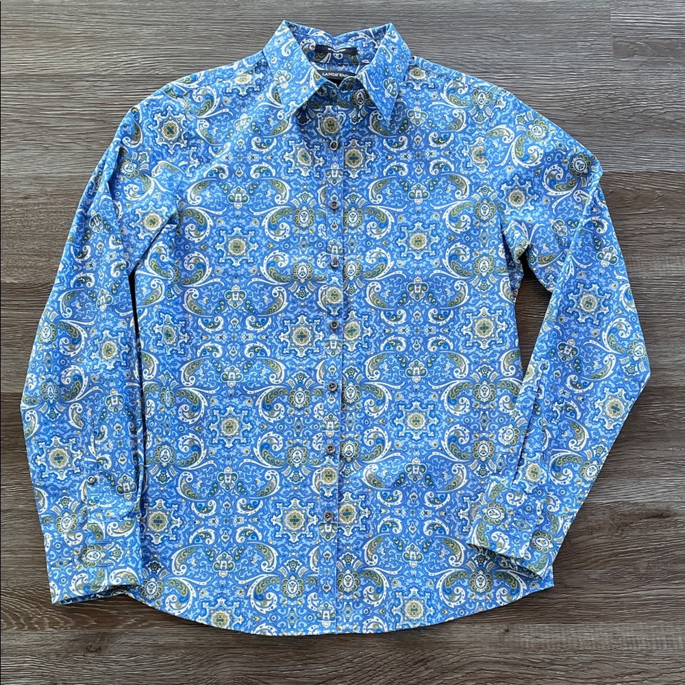 Lands’ End No Iron Supima Button Down Shirt Women’s Size 4 Blue Paisley